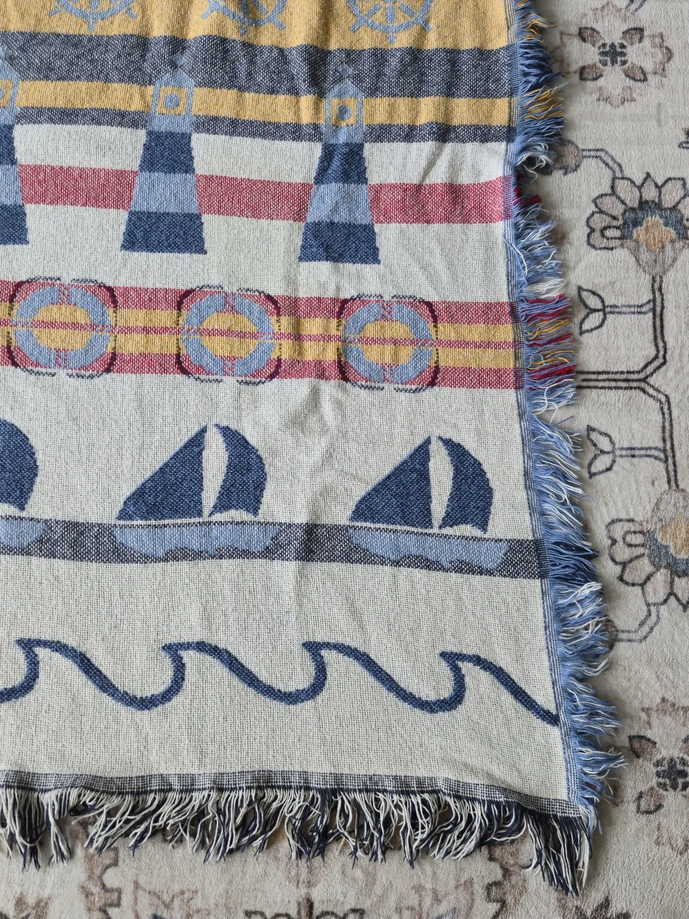 Vintage Nautical Woven Tapestry Throw Blanket 60x47 Coastal Beach Seaside Fringe